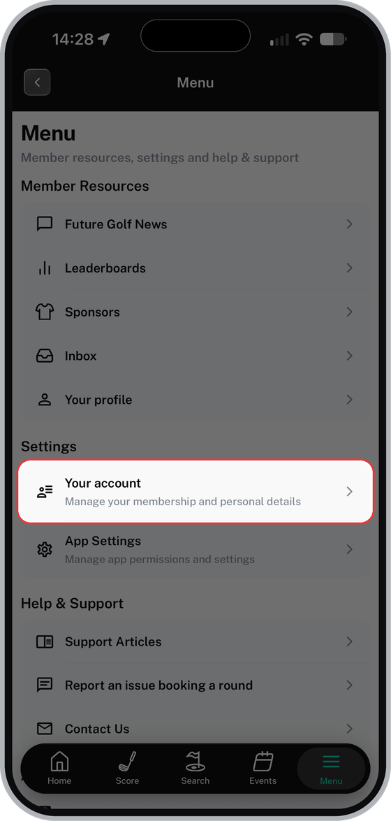 Menu screen with Your account highlighted