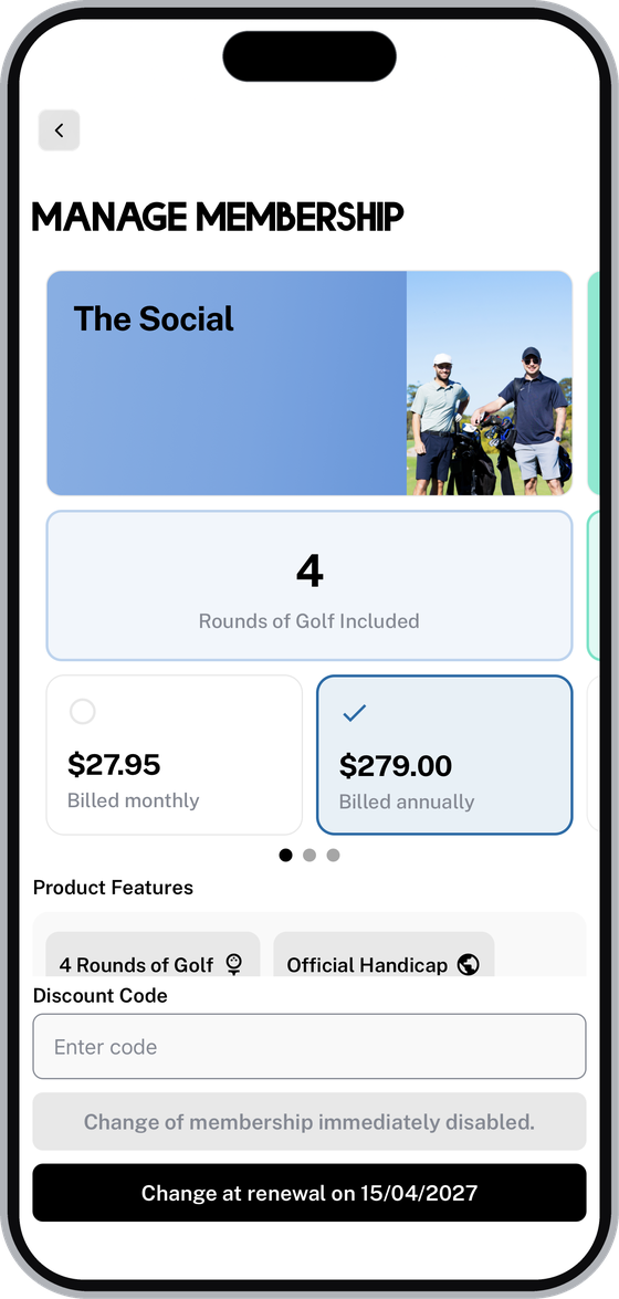 Manage Membership screen for a downgrade, where only Change at renewal is available