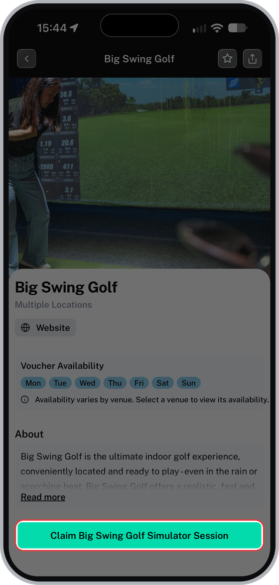 Big Swing Golf page with the Claim Big Swing Golf Simulator Session button highlighted