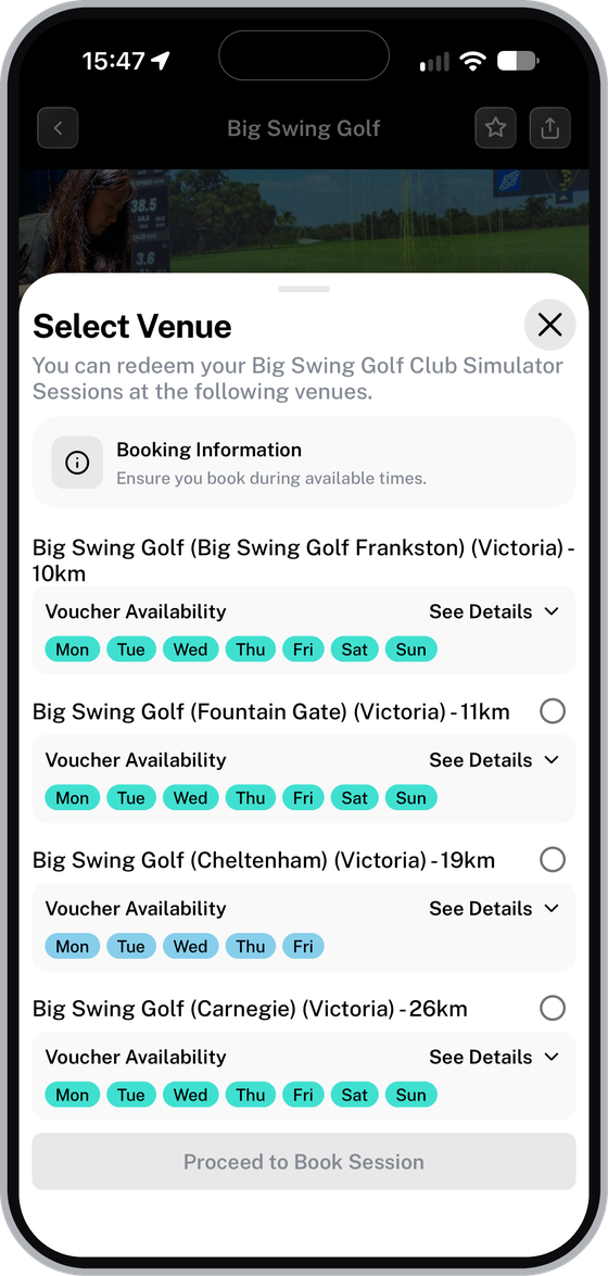 Select Venue screen listing Big Swing Golf venues with their voucher availability