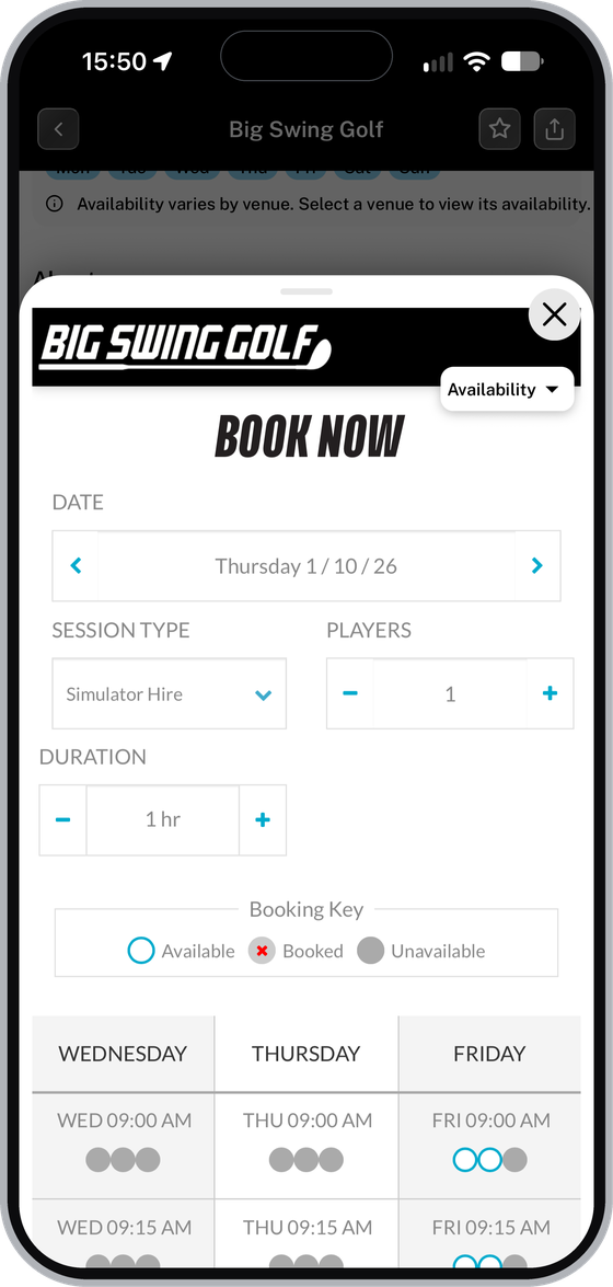 Big Swing Golf Book Now screen with date, session type, players, duration and available times