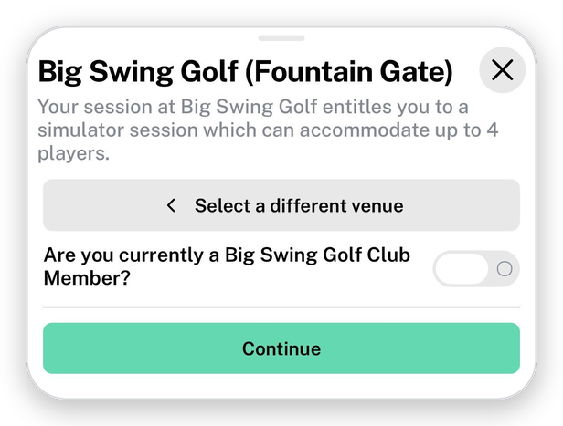Venue details for Big Swing Golf Fountain Gate with the club member toggle and Continue button
