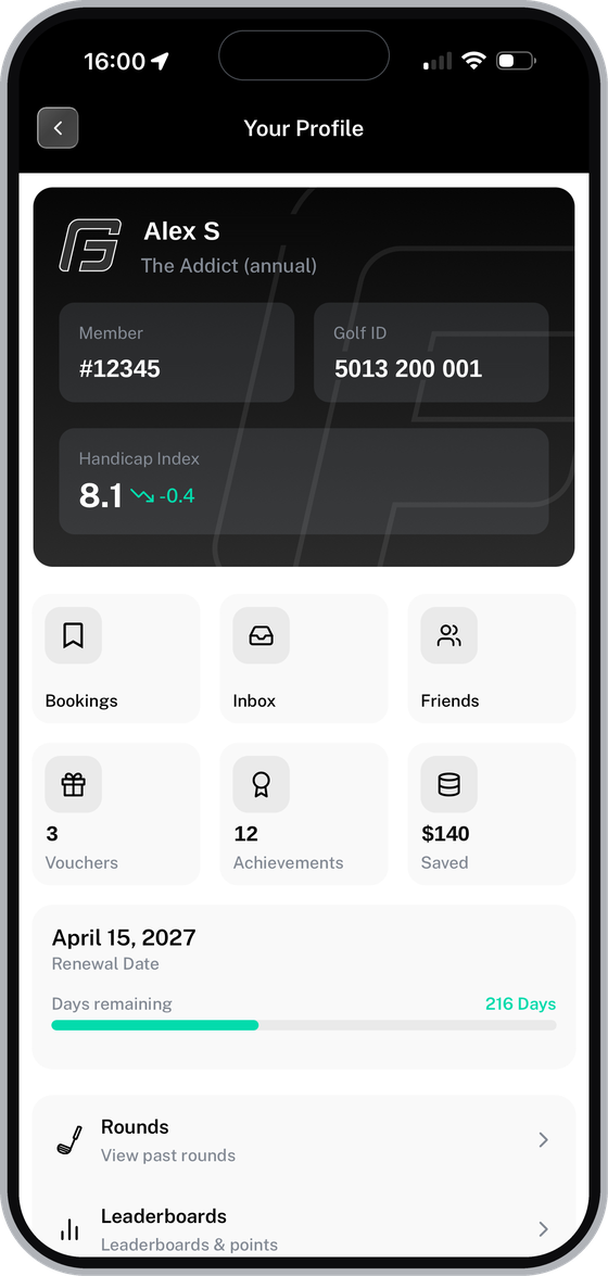 Your Profile screen showing the member number and Golf ID
