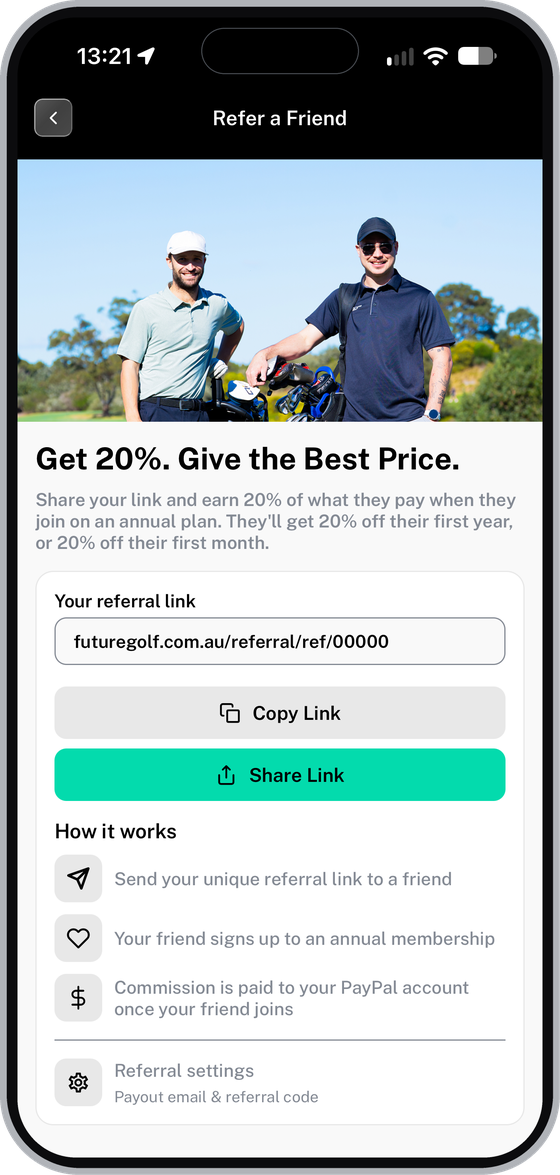 Refer a Friend page showing your referral link, Copy Link and Share Link