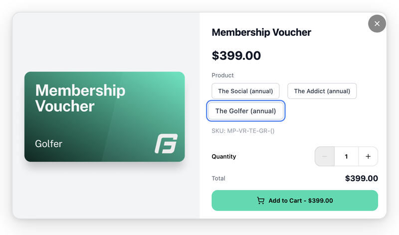 Future Golf shop showing the Membership Voucher with The Golfer (annual) selected and Add to Cart