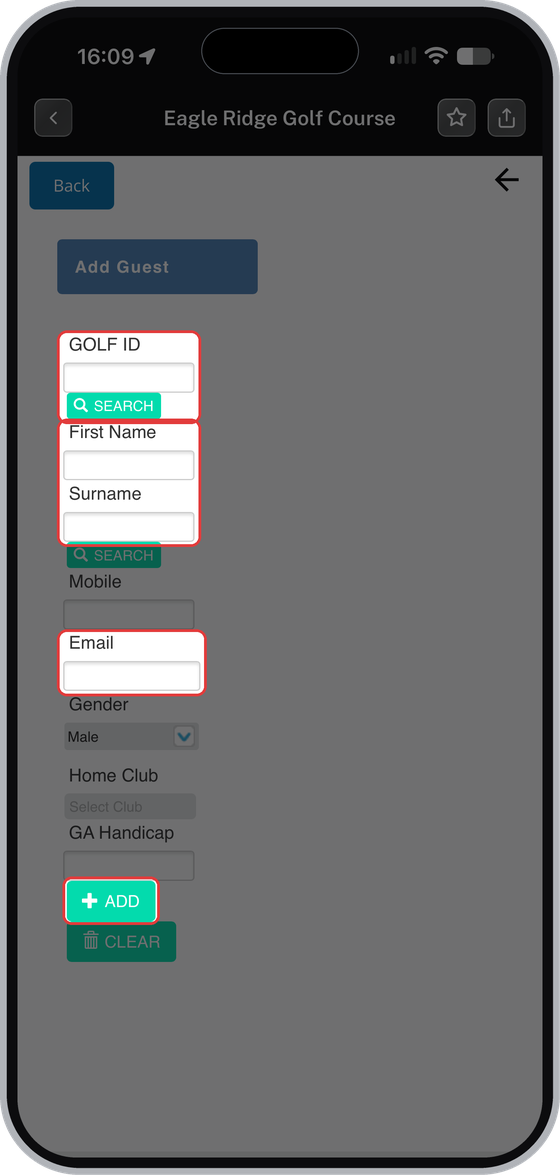 Add Guest form with Golf ID, First Name, Surname, Email and Add highlighted