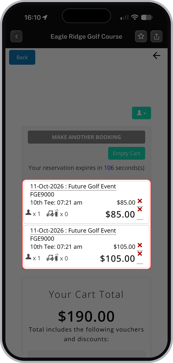 Cart showing two bookings for the same tee time, one for you and one for your guest