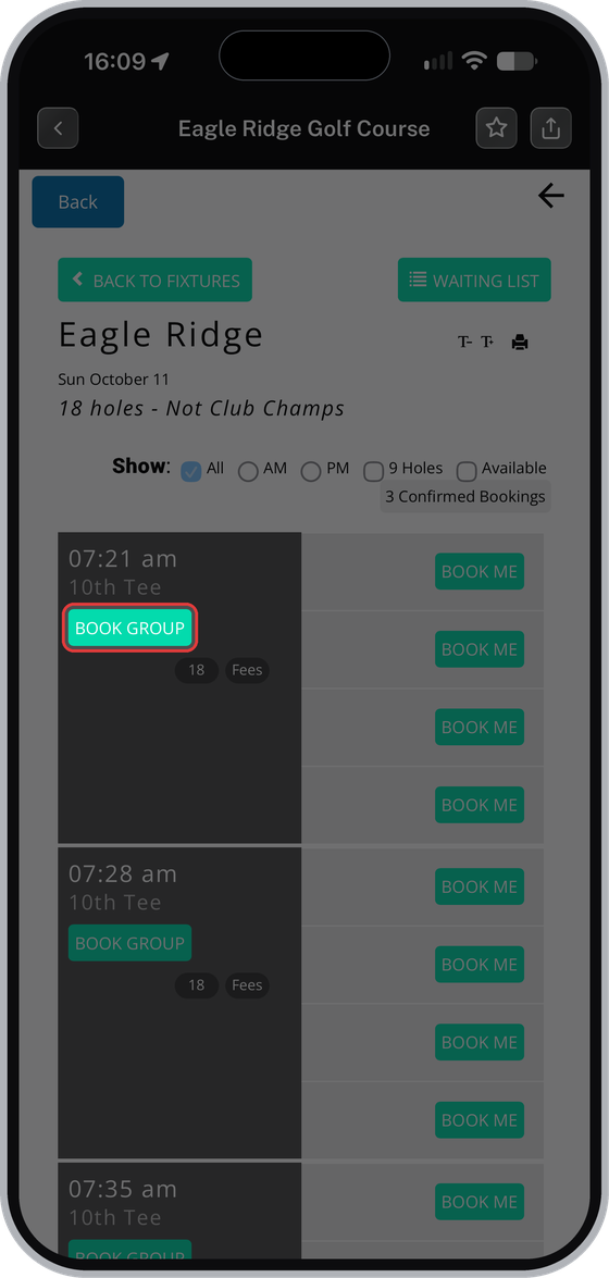 Event tee time page with Book Group highlighted